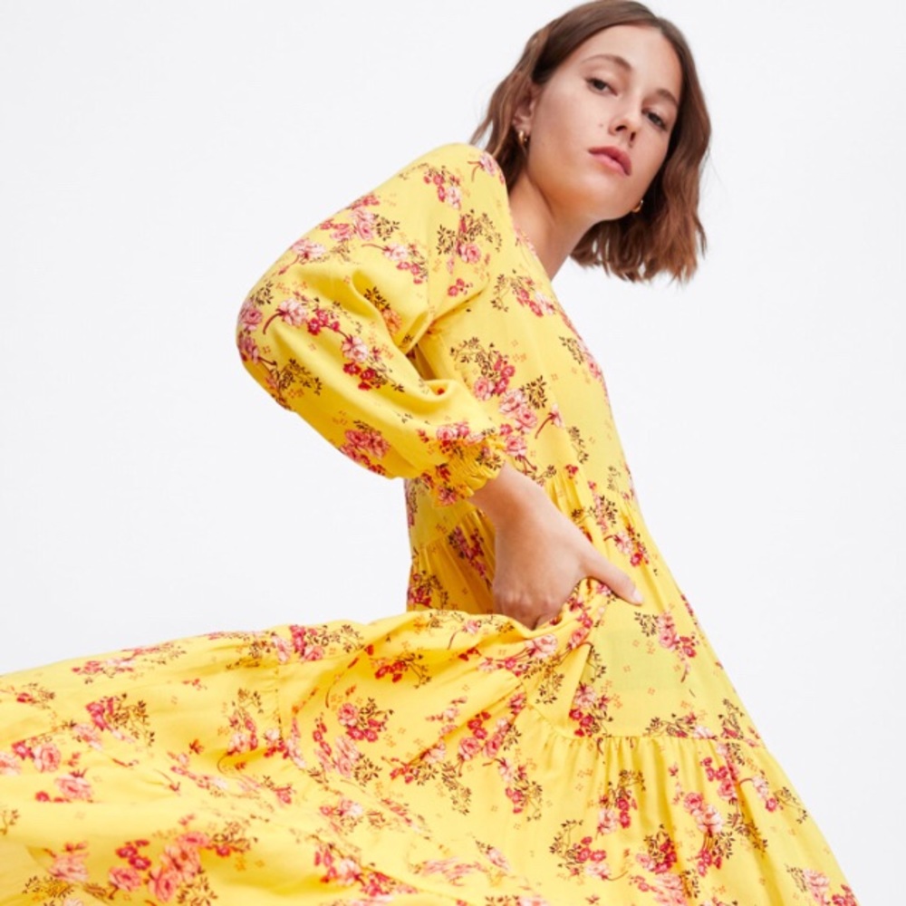 Zara Yellow Midi Maxi Floral Print Dress Small